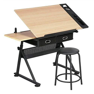 BJYX Drafting Table Adjustable Drawing Table Tiltable Art Craft Writing Desk w/Stool