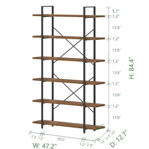 HSH Industrial Modern 6 Shelf Tall Bookcase, Open Wood & Metal Display Rack - Rustic Brown