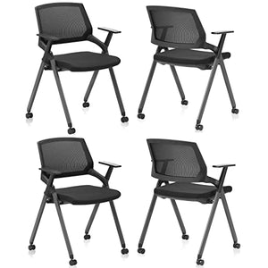 CLATINA Stackable Folding Guest Reception Arm Chair with Wheels, Ergonomic Mesh Back, Thickened Fabric Seat - Black-4 Pack