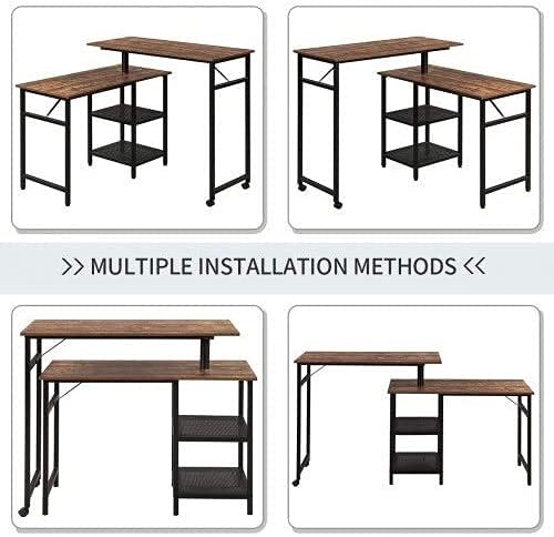 JCXT L-shaped desk computer corner desk, home office with shelves gaming writing workstation large monitor stand, space-saving, easy to assemble shaped Rustic Wood and Metal Office Desk with Storage S