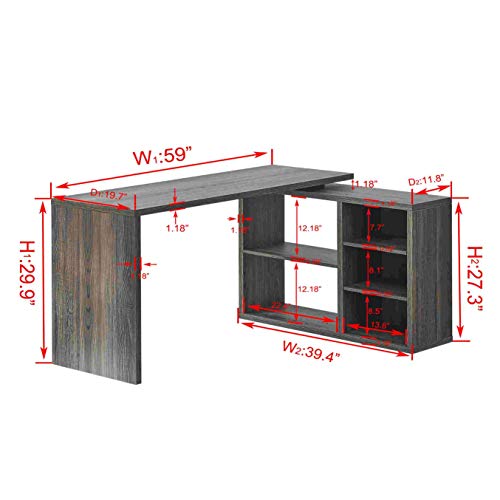 HSH L Shaped Computer Desk, Rustic Wood Corner Desk, Industrial Writing Workstation Table with Cabinet Drawer Storage for Home Office Study, Grey 60 inch