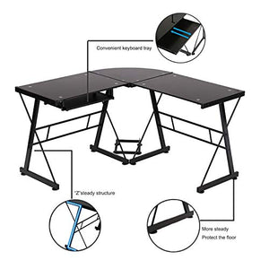 Thaweesuk Shop New New Black Modern L Shaped Desk Table Tempered Glass Corner with Keyboard Tray Office Home Workstation Computer Laptop Study PC Gaming Writing Student Steel 51" L x 51" W x 29.5" H