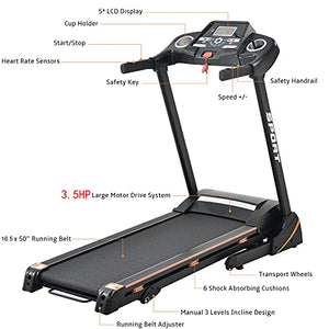JULYFOX Folding Running Treadmill Soft Drop, Incline Quiet Electric 2.25 HP Motorized Home Running Walking Jogging Exercise Machine W/Heart Rate Monitor Cup Holder Safety Key