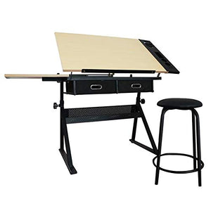 BRLUCKY home Height Adjustable Drawing Table with Storage Drawers and Stool Yellow AA