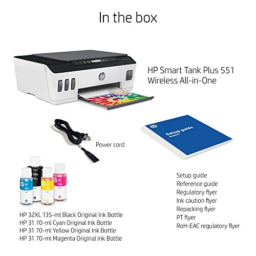 HP Smart-Tank Plus 551 Wireless All-in-One Ink-Tank Printer | up to 2 Years of Ink in Bottles | Mobile Remote Print, Scan, Copy (6HF11A)