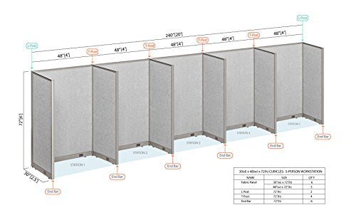 GOF Office Partition Room Divider Panel - 5 Station, Large Fabric Workstation