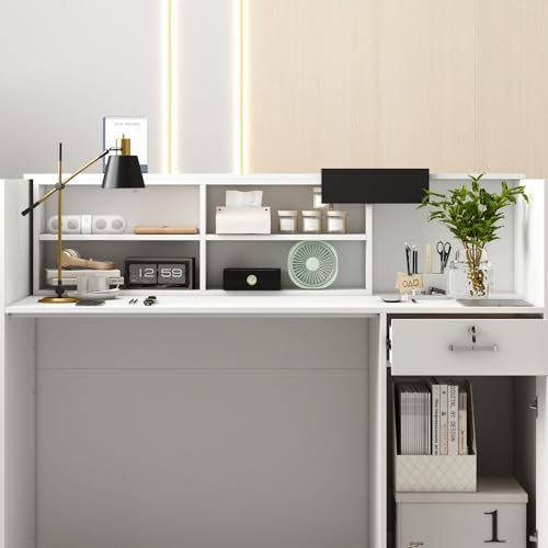 MOUMON Reception Desk with Moveable Shelves, Lockable Drawer, Black Tapes - White - 55.1”W x 23.6”D x 43.3”H