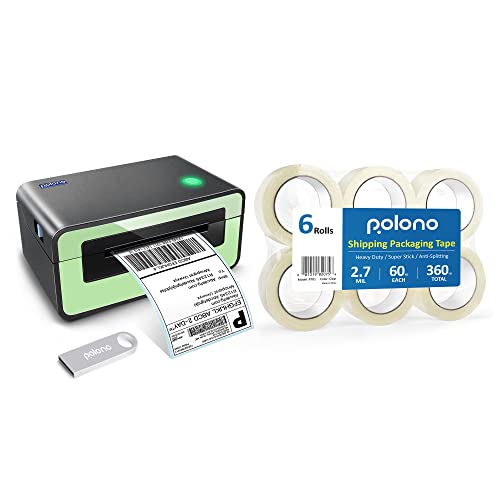 POLONO Label Printer - 150mm/s 4x6 Green Thermal Label Printer, POLONO Packing Tape, 2.7 mil, 1.88" x 60 Yards, Total 360Y, 3" Core, 6 Rolls, Compatible with Amazon, Ebay, Etsy, Shopify and FedEx