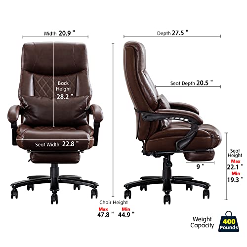 BOWTHY Reclining Office Chair with Footrest - Big and Tall 400lbs - Brown PU Leather Executive Desk Chair