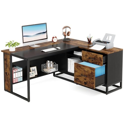 Tribesigns 63" L-Shaped Executive Desk with Drawers and Shelves, Rustic Business Furniture, Brown & Black