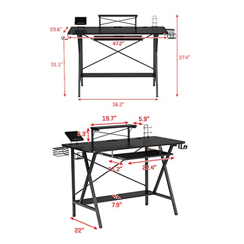 XYYSSM 47" Gaming Table E-Sports Computer Desk Home Office Workstation with USB Cup Holder Headphone Hook Black