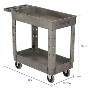 Global Industrial Plastic 2 Shelf Service Cart with Ladder Holder and Utility Hooks, 38"L x 17-1/2"W x 32-1/2"H