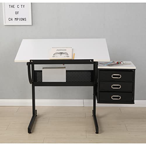 White Adjustable Drafting Drawing Table with Stool and 3 Drawers
