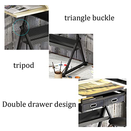 FLaig Adjustable Drafting Table with Stool, 2 Drawers, Metal Frame, Tiltable Art Craft Desk, Wooden Tabletop with Storage