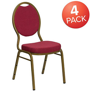 BizChair 4 Pack Teardrop Back Stacking Banquet Chairs - Burgundy Pattern Fabric, Gold Frame