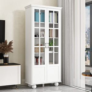 ECACAD 5-Tier Tall Bookcase Storage Cabinet with Acrylic Doors, White (31.5”L x 14”W x 72.3”H)