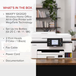 Canon Megatank GX2020 All-in-One Wireless Printer | Print, Copy, Scan | Mobile Printing | 2.7" Color Touchscreen | Auto Document Feeder | Auto Duplex