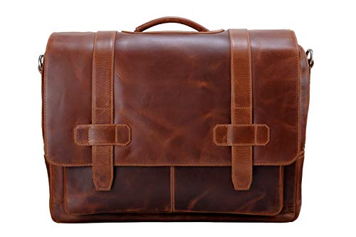 Mens Leather Messenger Bag, Briefcase, LOGAN, Leather Laptop bag fits 15.4 inch Laptop, Adjustable Strap, 16 inch by 12 inch by 4 inch (Tan) by Ladderback