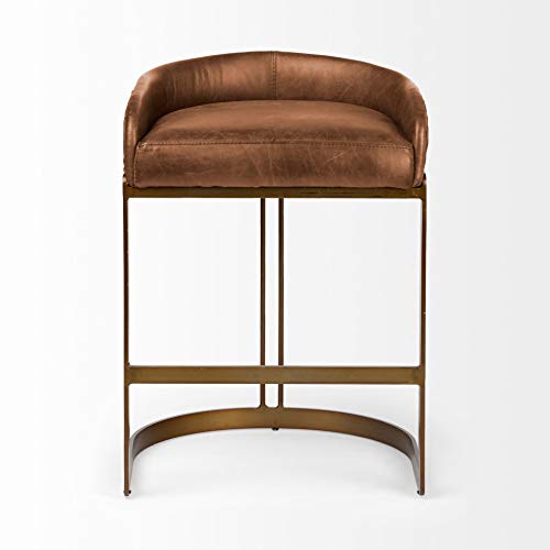 Unknown1 29" Brown Leather Seat Gold Metal Stool with Antique Finish