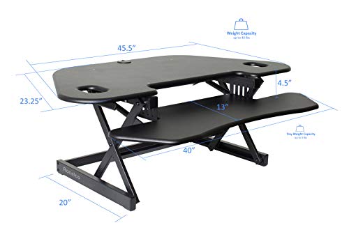 Rocelco 46" Height Adjustable Corner Standing Desk Converter with Dual Monitor Arm Bundle - Quick Sit Stand Up Computer Workstation Riser - Extra Large Keyboard Tray - Black (R CADRB-46-DM2)