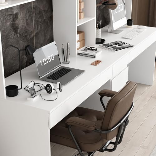 MOUMON Double Office Desk with Drawers and Shelves, White - 94.5”W x 23.6”D x 86.6”H