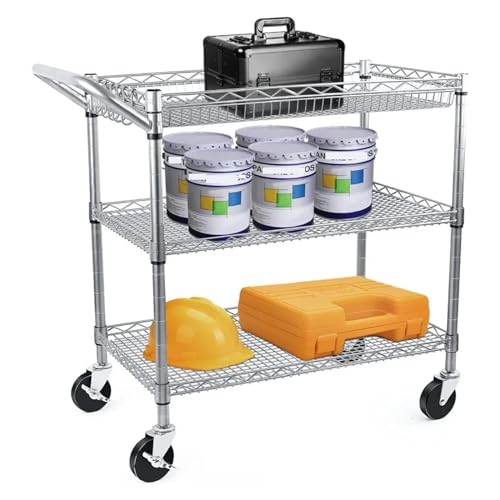 WAOCEO Kitchen Storage Cart Heavy Duty 3 Tier Utility Cart with Wheels, 990Lbs Capacity Commercial Grade Rolling Utility Cart