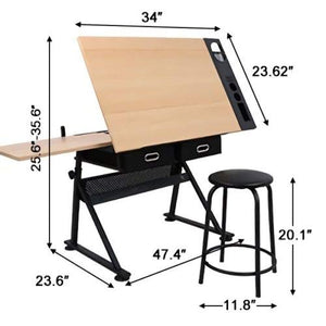 P2 MDF Tabletop & Powder Coated Iron Legs Drafting Desk Drawing Table Adjustable with Stool Arts & Crafts Creative Center
