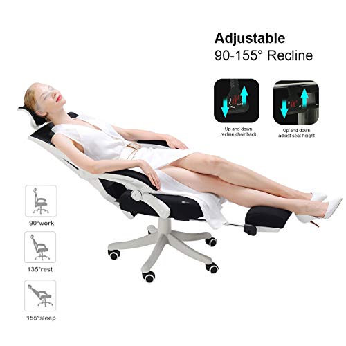 Hbada Reclining Office Desk Chair | Adjustable High-Back Ergonomic Computer Mesh Recliner | Home Office Chairs with Footrest and Lumbar Support, White
