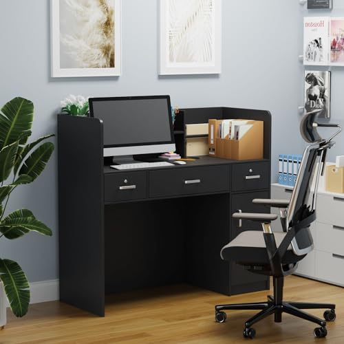 MOUMON Reception Desk Counter with Large Storage, Silver Tapes, Black (47.3”W x 18.3”D x 43.3”H)