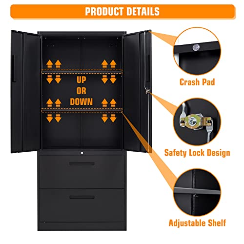 ZAOUS Metal File Cabinet 2 Drawer with Lock, Lateral Filing Cabinet, Adjustable Shelves - Black