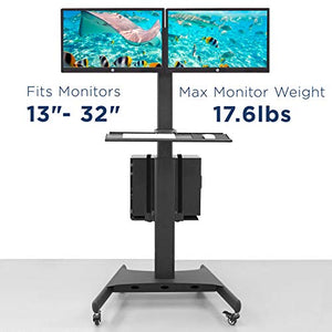 Mount-It! Adjustable Mobile PC Workstation for Dual Monitors | Mobile Standing Computer Cart with Adjustable Keyboard Tray and CPU Holder | Rolling Computer Desk Fits Monitors 13 to 32 Inches