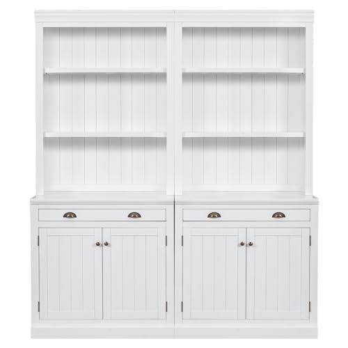Holaki Tall Bookcase Suite with Doors and Drawer, Modern Storage Cabinets, 2-Piece Set with LED Lighting, White