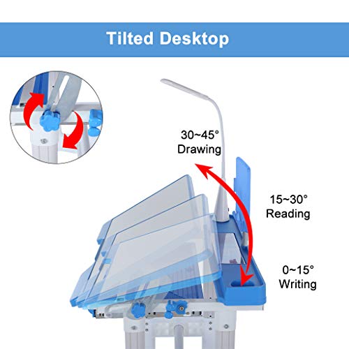 Student Desk and Chair Set - Height Adjustable Student Study Desk for Home Schooling with Storage Drawer/LED Light/Reading Board - Kids Interactive Workstation