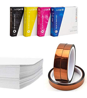 Sawgrass Sublijet UHD Inks for SG500 and SG1000 Printers (Complete Set). Bundle with 110 Sheets SUBLIMAX Sublimation Paper (8.5x11 inches) and 3 Rolls of Heat Tape (1/2" x 100 feet).