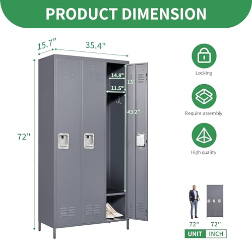 Yukimo Metal Locker Cabinet with 3 Doors Combination, Storage Locker Cabinet with Lock (Dark Grey)