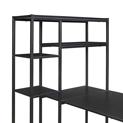 SSLine 63 Inches Computer Desk with Bookshelves,Writing Study Table with 4 Tier Open Plenty Storage Space,Modern Wood Desk with Metal Frame Laptop Table Computer Workstation for Home Office (Black-2)