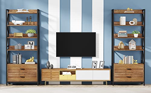 Tribesigns Industrial Bookshelf with Drawers, 70.8" - 5 Shelf Open Storage, Brown - 2pcs