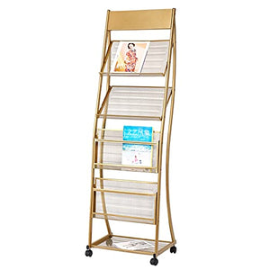YXX Floor-Standing Magazine Rack with 4 Pockets & Casters, Gold