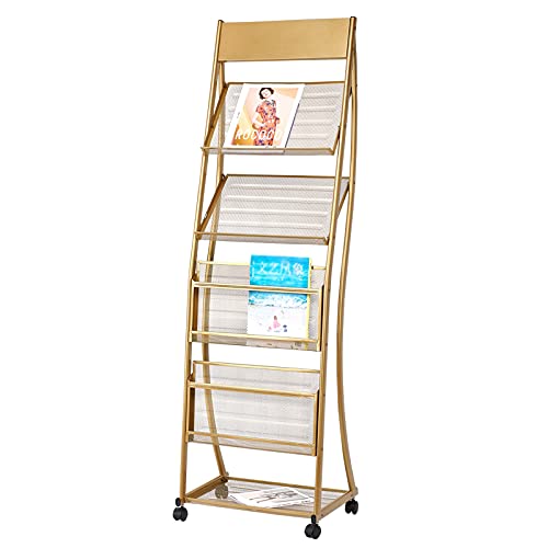 YXX Floor-Standing Magazine Rack with 4 Pockets & Casters, Gold