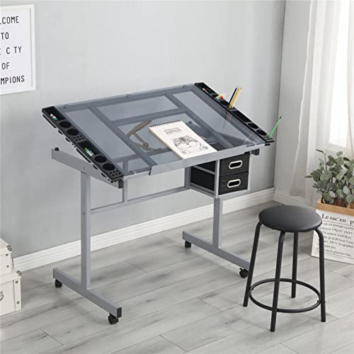 WEALTHGIRL Adjustable Glass Drafting Table for Artists, Tiltable Drawing Desk with Storage Drawers and Wheels