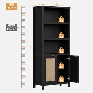 SICOTAS 5 Tier Rattan Boho Bookcase with Doors - Black 2PCS