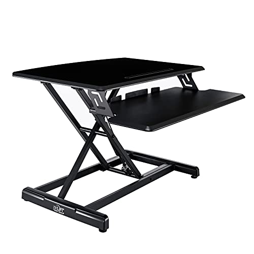 Seville Classics airLIFT Workstation Ergonomic Dual Monitor Riser with Keyboard Tray and Phone/Tablet Holder, Compact (30"), Black/Black