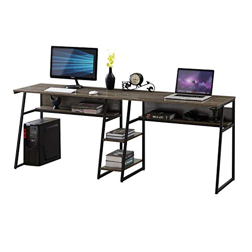 4-Tier Two Persons PC Laptop Desk Study Table with Open Storage Bookshelves for Home Office Dorm Students, Industrial Rustic Wooden Writing Table Workstation Double Desk with Steel Frame for 2 (Gray)