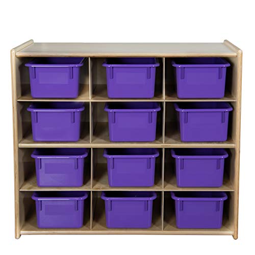 Contender Baltic Birch 12 Cubby Storage Cabinet with Purple Plastic Tubs, Kids Montessori Organizers for Homeschool, Classroom, Kindergarten Supplies