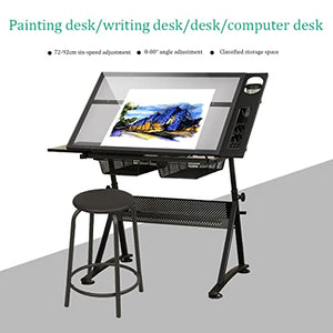 EESHHA Folding Drawing Table Drafting Desk with Adjustable Height and Tempered Glass Top