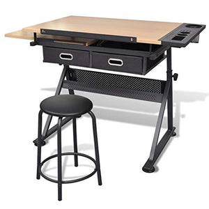 Height Adjustable Drafting Draft Drawing Table Artist Desk Tilted Tabletop Art Desk Diamond Watercolor Paintings Sketching Work Station with 2 Storage Drawers and Stool for Home Office