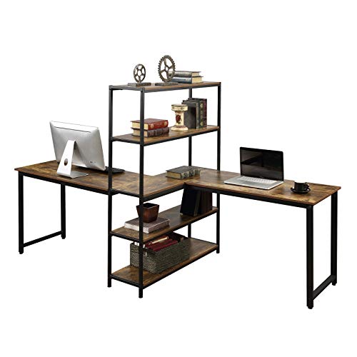 PovKeever Home Office Two Person Computer Desk with Shelves, Extra Large Double Workstations Office Desk with Storage Shelves (Brown)