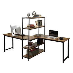 hebaotong Two Person Computer Desk with Shelves, 90 Inch Extra Large Workstations Office Desk, Large Office Desk Study Writing Table with Storage Shelves for Home Office, Vintage Walnut