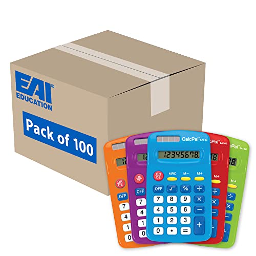 EAI Education CalcPal EAI-80 Basic Solar Calculator - Dual-Power, Assorted Colors, Bulk Set of 100 for School, Home, Office