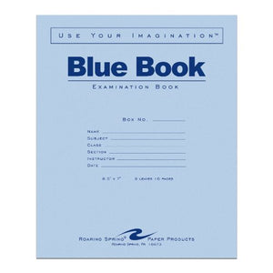 Roaring Spring Test Blue Exam Book, 1 Case (600 Total), Wide Ruled with Margin, 8.5" x 7" 8 Sheets/16 Pages, Blue Cover